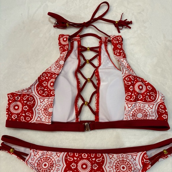 SHEIN Women’s Tribal Aztec Geometric Halter Top High Waist Bikini - red, size L - Picture 5 of 10